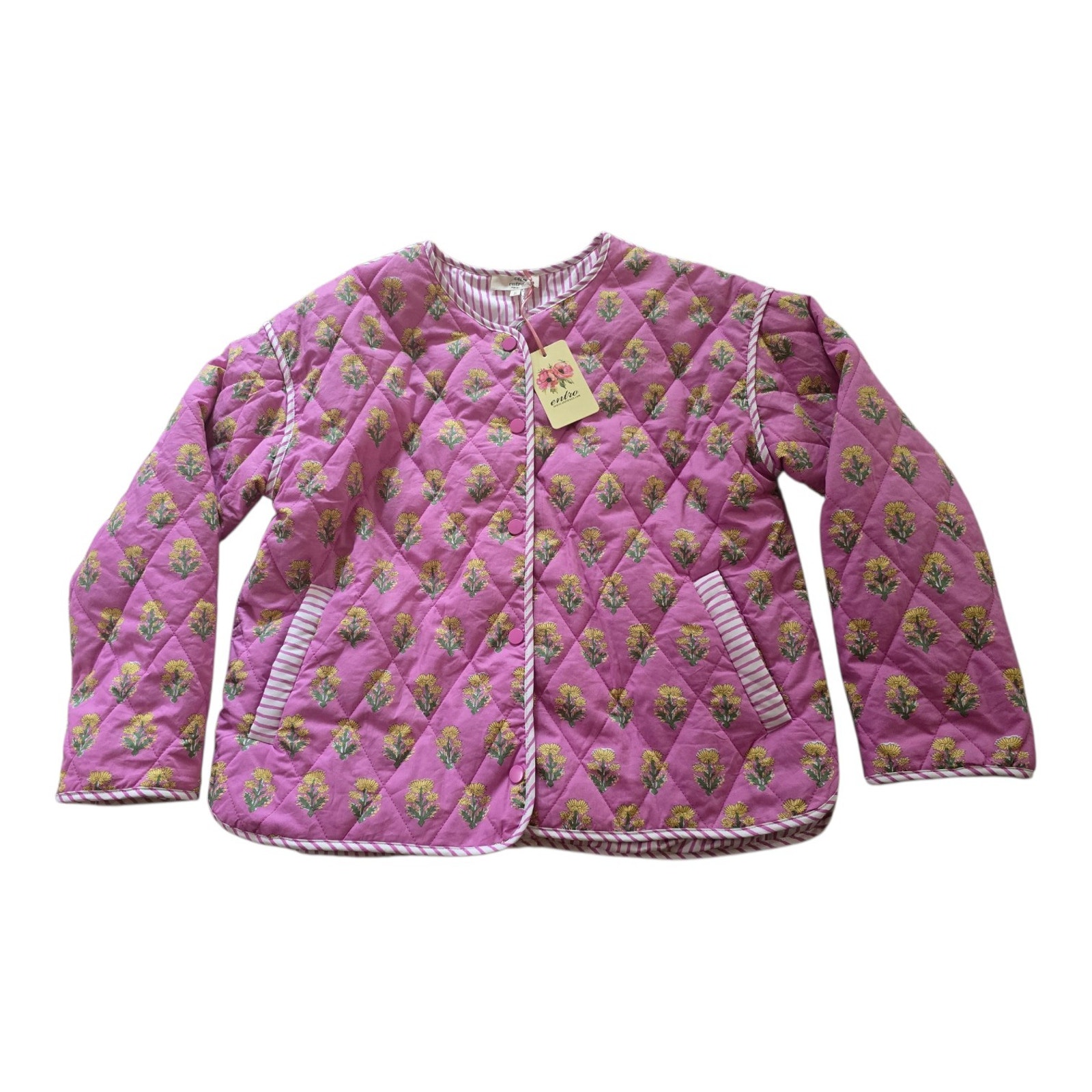 Entro Quilted Jacket Blooming Where Planted Sz S Pink Yellow Striped Wildflowers